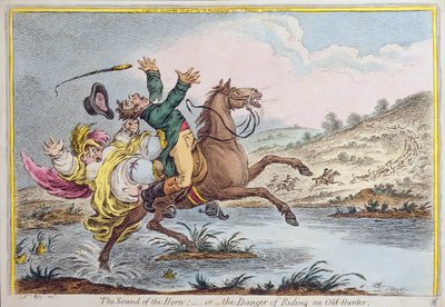 Het Geluid van de Hoorn, of Het Gevaar van het Berijden van een Oude Jager, uitgegeven door Hannah Humphrey in 1807 door James Gillray