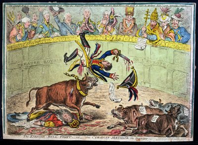Het Spaanse stierengevecht, of De Corsicaanse matador in gevaar, uitgegeven door Hannah Humphrey in 1808 door James Gillray
