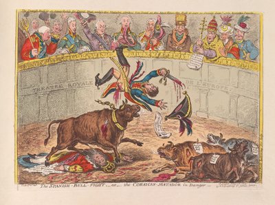 Het Spaanse stierengevecht of de Corsicaanse matador in gevaar, uitgegeven 1805 door James Gillray