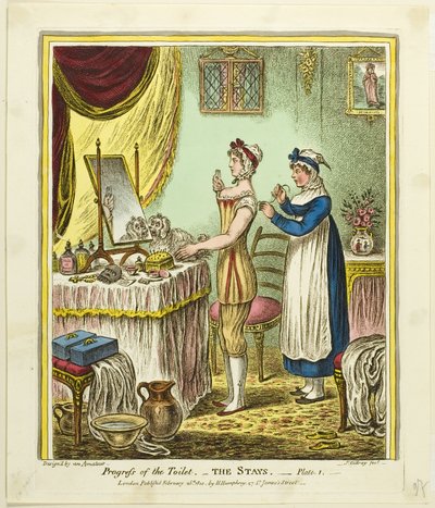The Stays, plaat één uit Vooruitgang van het toilet door James Gillray