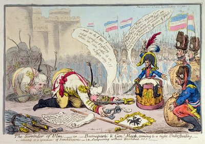 De overgave van Ulm, of Buonaparte en generaal Mack komen tot een goed begrip, gepubliceerd door Hannah Humphrey in 1805 door James Gillray