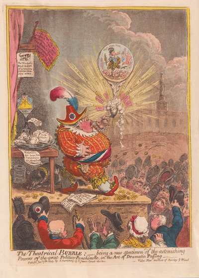 De Theatrale Zeepbel: een nieuw specimen van de verbazingwekkende krachten van de grote Politico-Punchinello in de kunst van dramatisch opblazen, uitgegeven 1805 door James Gillray