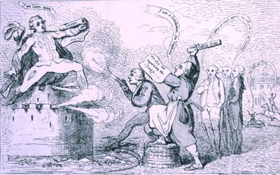 De theatrale oorlog, gepubliceerd door S.W. Fores in 1787 door James Gillray