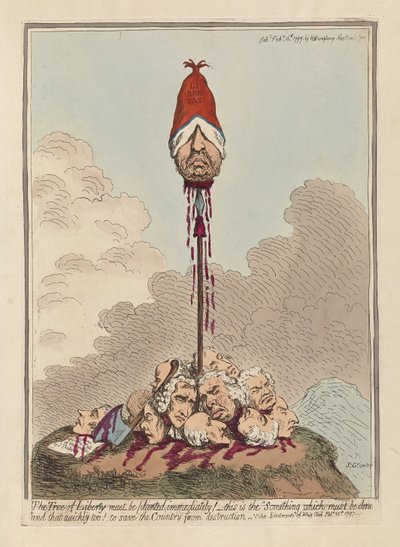 De Boom van Vrijheid Moet Onmiddellijk Geplant Worden, uitgegeven 1797 (handgekleurde gravure) door James Gillray