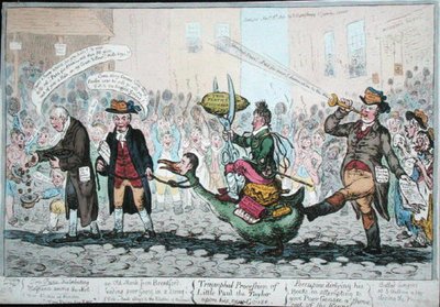De triomfantelijke processie van kleine Paul de kleermaker op zijn nieuwe gans, uitgegeven in 1806 door James Gillray