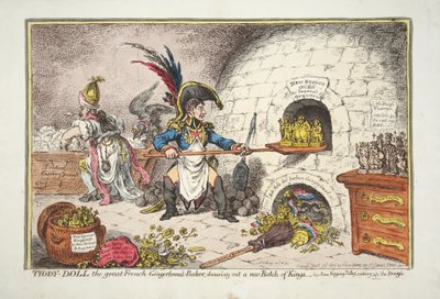 Tiddy-Doll, de grote Franse peperkoekbakker, die een nieuwe partij koningen trekt. - zijn man Hopping Talley, die het deeg mengt, pub. 1806 (handgekleurde gravure) door James Gillray