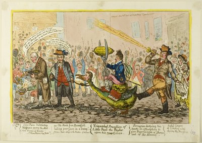 Triomfantelijke optocht van kleine Paul de Taylor op zijn nieuwe gans door James Gillray