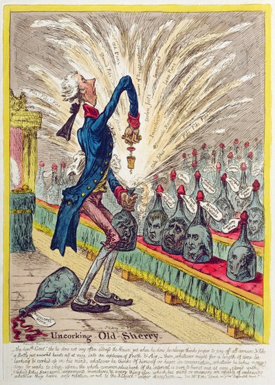 Ontkurken van oude sherry, uitgegeven door Hannah Humphrey in 1805 door James Gillray