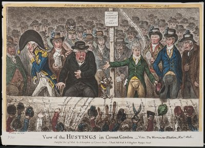 Uitzicht op de verkiezingsbijeenkomst in Covent Garden – zie de Westminster-verkiezing, november 1806 door James Gillray