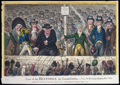 Uitzicht op de verkiezingsbijeenkomst in Covent Garden, uitgegeven door Hannah Humphrey in 1806 door James Gillray