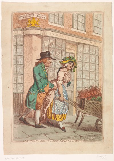 Vrouw met een kruiwagen met wortels voor de etalage van boekhandelaar Robert Faulder te Londen door James Gillray