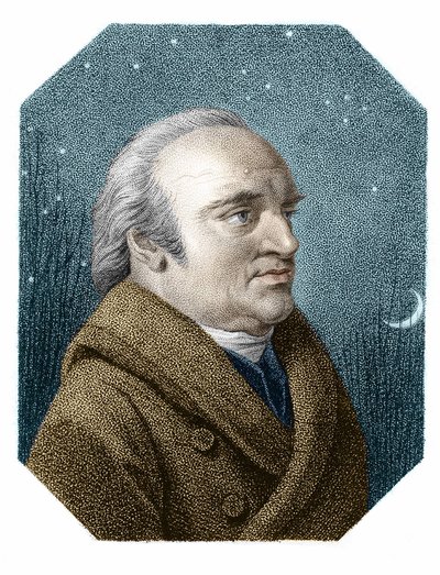 Portret van William Herschel (1738 - 1822) op een sterrenhemel achtergrond - uit een kopergravure door James Godby door James Godby