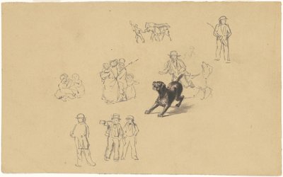 Blaffende Hond en Studies voor "Militie Training" door James Goodwyn Clonney