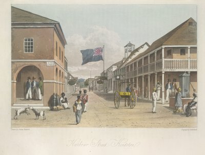 Uitzicht op Harbour Street, Kingston (kijkend naar het oosten) uit Een schilderachtige tour op het eiland Jamaica, van tekeningen gemaakt in de jaren 1820 en 1821 door James Hakewill