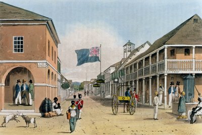 Uitzicht op Harbour Street, Kingston, Jamaica, uit 