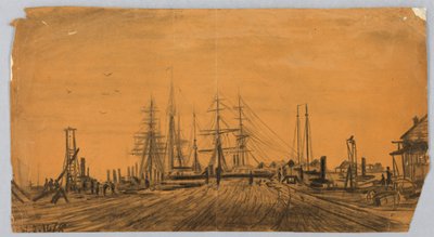 Scheepswerf en pier door James Henry Moser