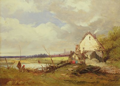 Vissers bij een huisje aan de rivier door James Holland