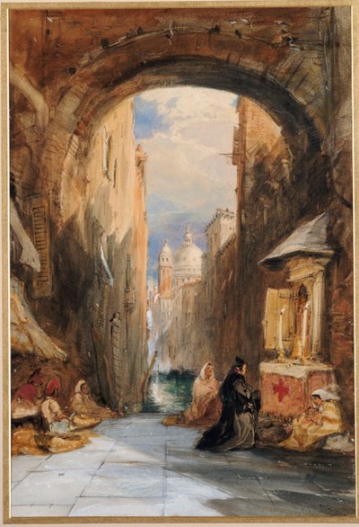 Venetië: een Edicola onder een Boog, met Santa Maria della Salute in de Verte, 1853 door James Holland
