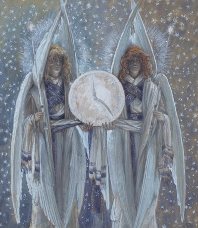 Engelen ondersteunen een wijzerplaat die de uren van de verschillende scènes van de Passie aangeeft, illustratie voor Het Leven van Christus door James Jacques Joseph Tissot