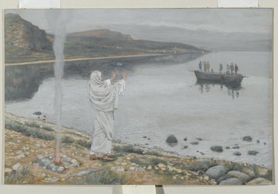 Christus verschijnt aan de oever van het Meer van Tiberias, illustratie uit Het leven van onze Heer Jezus Christus door James Jacques Joseph Tissot