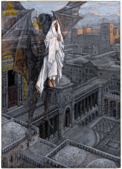 Christus gedragen naar een pinakel van de tempel, illustratie voor Het leven van Christus door James Jacques Joseph Tissot