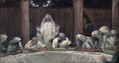 Hij verscheen aan de elf terwijl zij aan tafel zaten, illustratie voor Het leven van Christus, ca. 1884-96 door James Jacques Joseph Tissot