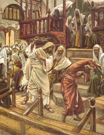 Jezus geneest een door een demon bezeten man in de synagoge, illustratie voor 