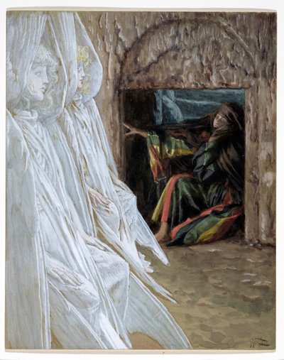 Maria Magdalena ondervraagt de engelen in het graf, illustratie voor Het Leven van Christus door James Jacques Joseph Tissot