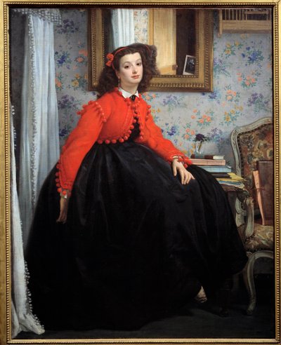 Portret van Mademoiselle L. L., of jong meisje in rode jas door James Jacques Joseph Tissot