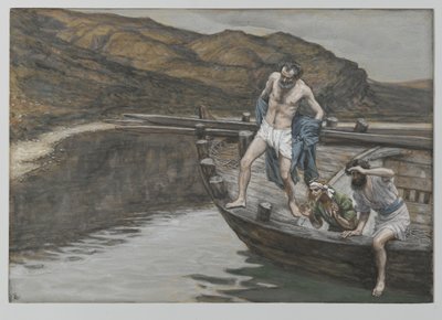 Sint-Petrus gewaarschuwd door Sint-Jan over de aanwezigheid van de Heer werpt zich in het water, illustratie uit Het leven van onze Heer Jezus Christus door James Jacques Joseph Tissot