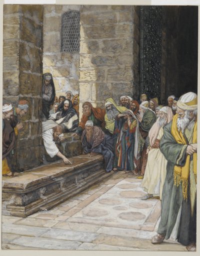 De overspelige vrouw - Christus schrijft op de grond door James Jacques Joseph Tissot