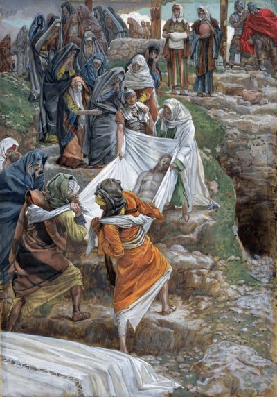 Het lichaam van Jezus wordt naar de zalvingssteen gedragen, illustratie voor Het leven van Christus door James Jacques Joseph Tissot