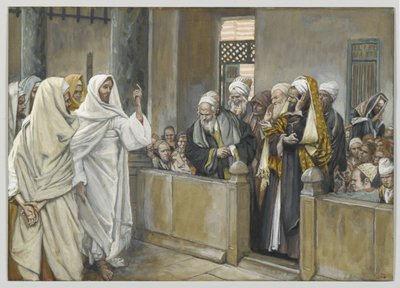 De opperpriesters vragen Jezus met welk recht Hij zo handelt door James Jacques Joseph Tissot