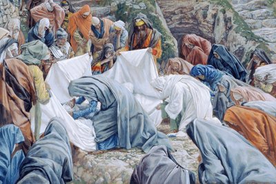 De heilige maagd kust het gezicht van Christus voordat het in de lijkwade wordt gewikkeld, illustratie voor Het leven van Christus door James Jacques Joseph Tissot