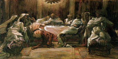 Het Laatste Avondmaal. Judas doopt zijn hand in de schotel, illustratie voor Het leven van Christus, ca. 1884-96 door James Jacques Joseph Tissot