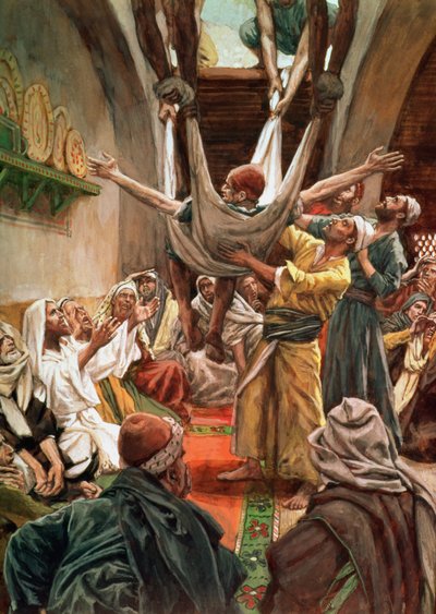 De Verlamde Man Door het Dak Neergelaten, illustratie voor Het Leven van Christus, ca. 1886-94 door James Jacques Joseph Tissot