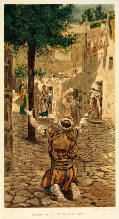 Genezing van de melaatsen in Kafarnaüm, Sint Marcus - Bijbel door James Jacques Joseph after Tissot