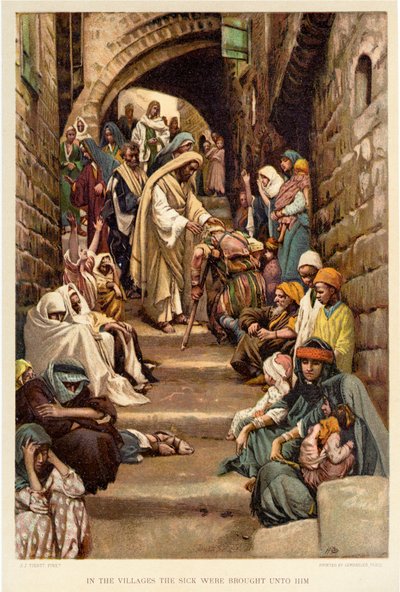 In de dorpen werden de zieken bij Hem gebracht - Bijbel door James Jacques Joseph after Tissot