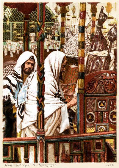 Jezus onderwijst in de Synagoge - Sint Mattheüs - Bijbel door James Jacques Joseph after Tissot