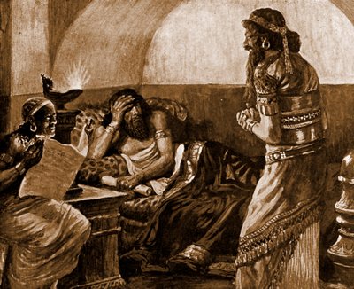 De kronieken worden voorgelezen aan Ahasveros - Bijbel door James Jacques Joseph after Tissot