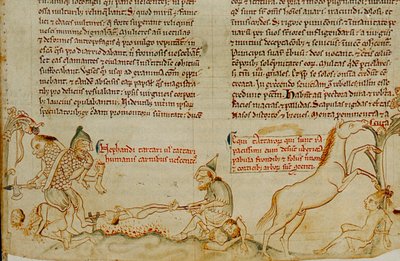 13e-eeuws Engels manuscript dat Mongoolse troepen toont die wreedheden begaan op... door James L Stanfield