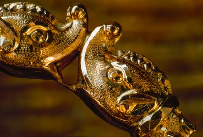 Een handgemaakte gouden armband met twee botsende haaienkoppen. Zuid-Amerika door James L Stanfield