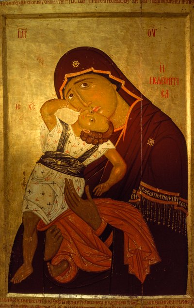 Een icoon van de Maagd, Kind weerspiegelt de late Byzantijnse stijl. Skopje Kunstgalerij... door James L Stanfield