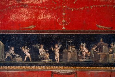 Fresco ontdekt in Pompeii toont goudsmedende cherubs aan het werk. Pompeii, Italië door James L Stanfield