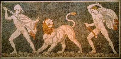 Mozaïek dat Alexander de Grote en Hephaestion toont die een leeuw doden. Pella Archeologisch Museum door James L Stanfield