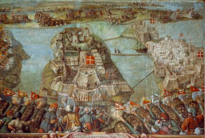 Dit fresco toont het Turkse beleg van Malta in 1565 door James L Stanfield
