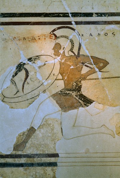 Muurschildering van een Hoplitodromos ook bekend als hoplitodromia loper. Acropolis Museum. Athene, Griekenland. door James L Stanfield