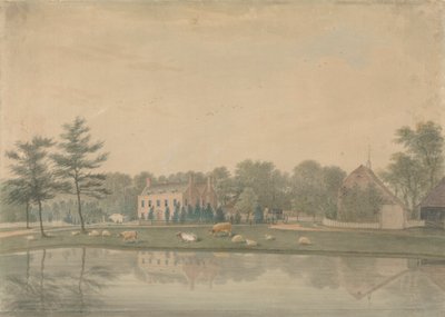 Noordoostelijk Uitzicht op een Huis in Ringmer met Vee en Schapen bij een Vijver door James Lambert  of Lewes