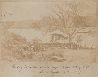 Het voorlezen van een ultimatum aan Zulu-hoofden aan de Natal-kant van Drift Lower Tugela, 11 december 1878 door James Lloyd