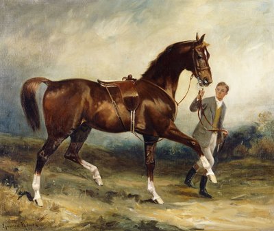 Paard en stalknecht in een landschap door James Lynwood Palmer
